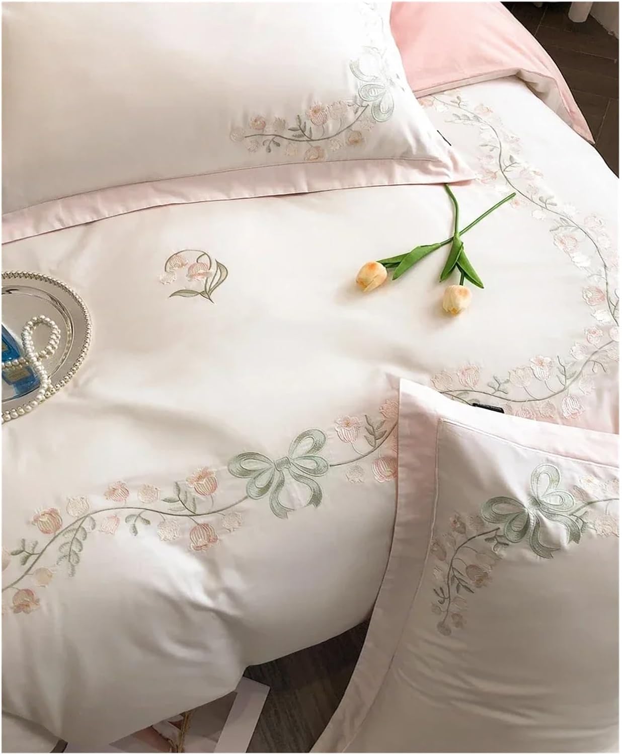 Bedding set, cotton soft duvet cover quilt cover flat bed sheet pillowcases Floral embroidery bed set 4pcs/set,Bed, Queen, White, MM-102