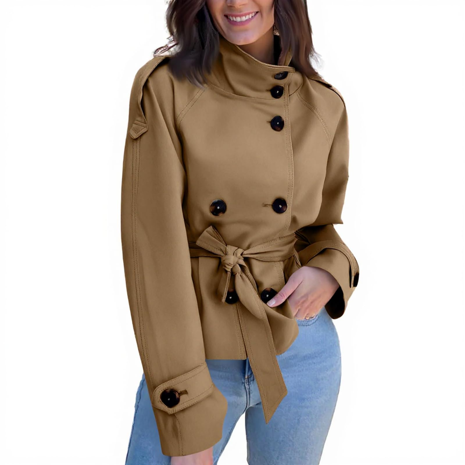 Trenchcoat Damen Kurz Zweireihig Kurzmantel Übergang Elegant Jacke Damen Dünn mit Gürtel Windjacke Leicht Mantel Kurz Trench Coat Stehkragen Knöpfen Übergangsjacke Herbstjacke Casual Einfarbig
