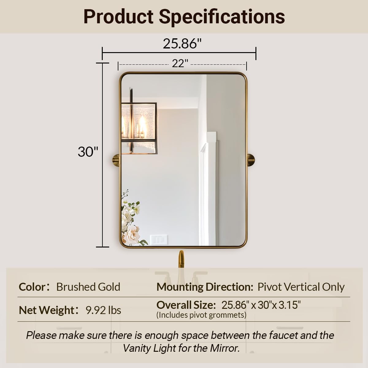 ANDY STAR Gold Pivot Mirror, 22" x 30" Brushed Gold Metal Frame Vanity Mirrors for Over Sink, Farmhouse Rectangle Bathroom Mirror with Adjustable Tilting Design Wall Mounted
