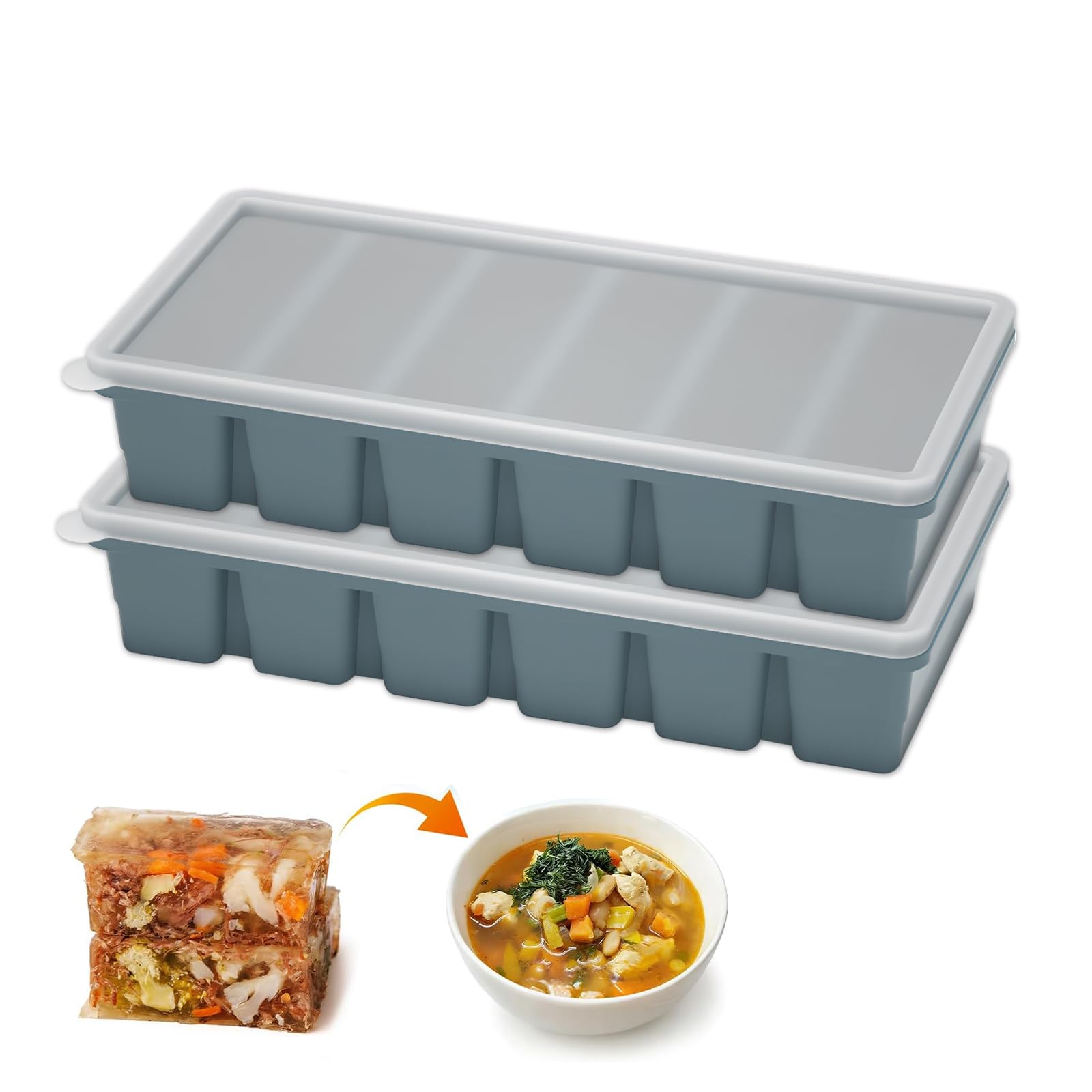 2-Pack Silicone Freezer Tray with Lid, 1/2 Cup Soup Freezer Container molds, Freezer Storage Food Soups & Meal Prep (Gray-Blue)