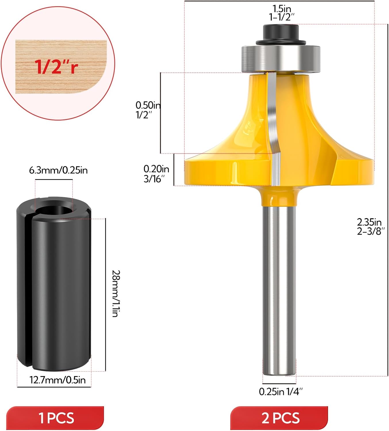 2Pcs Router Bits 1/4 inch Shank Roundover, 1/2" Radius Cutter Tools with Router Collett