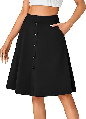 LYANER Women's Stretchy High Waist A-Line Midi Skirt Flared Vintage Casual Skirt