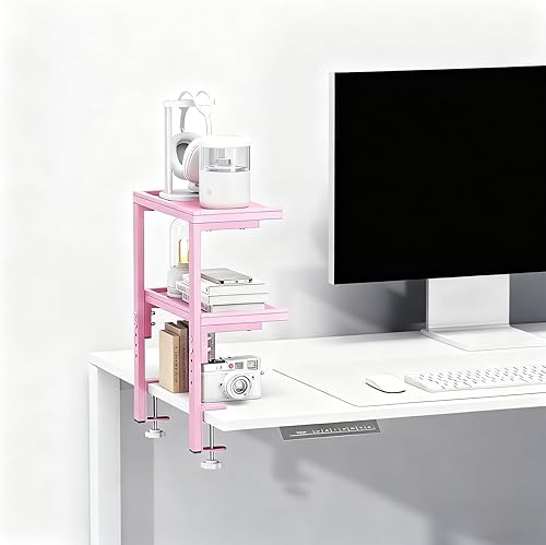 Miniatura 6 de Spacrea Estante de escritorio con abrazadera en el estante de escritorio, organizador de estantes de escritorio de oficina de 2 niveles, estante de