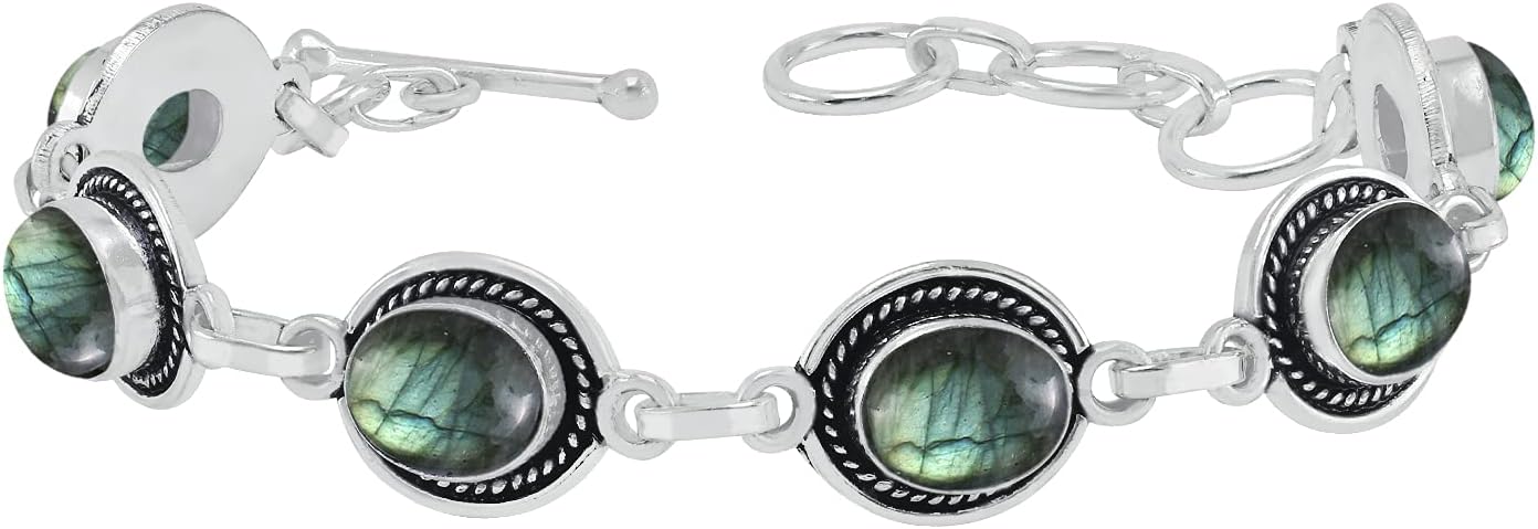 Natural Amethyst Moonstone Lapis Labradorite Garnet Malachite 925 Silver Plated Handmade Link Bracelet for Women - Bohemian Vintage Style Birthstone Jewelry Bracelet Gifts for Mom Wife Her - Image 2