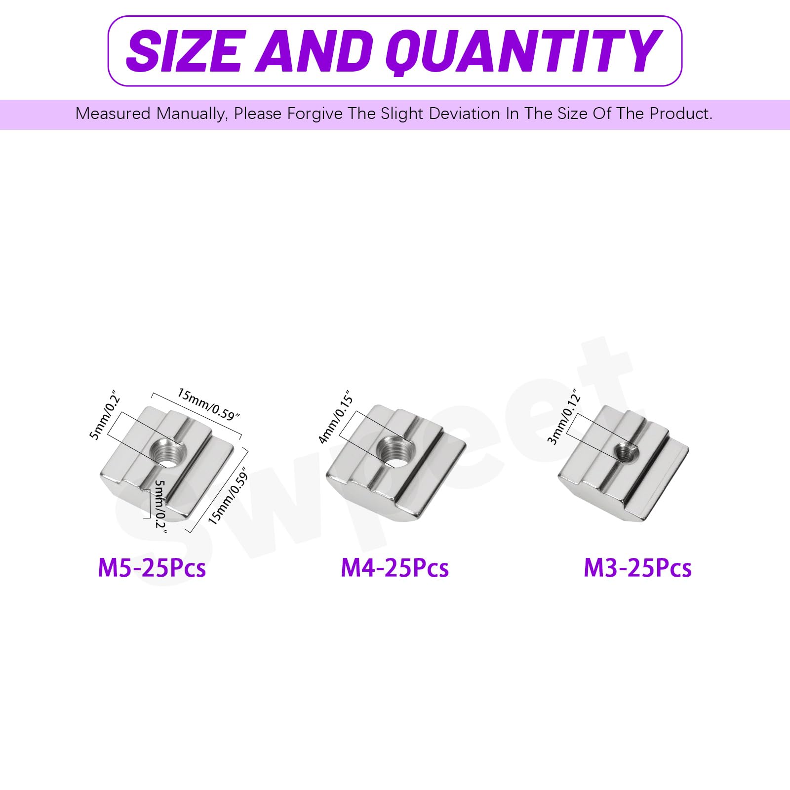 Swpeet 75Pcs 3 Sizes 3030 Series M3 M4 M5 Nickel Plated Carbon Steel T Sliding Nuts Assortment Kit - Image 2