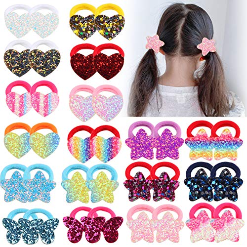Rhoxshy Hair Ties with Glitter Rainbow Colorful Heart Star for Girls Butterfly Ponytail Holder for Kids (36 PCS)