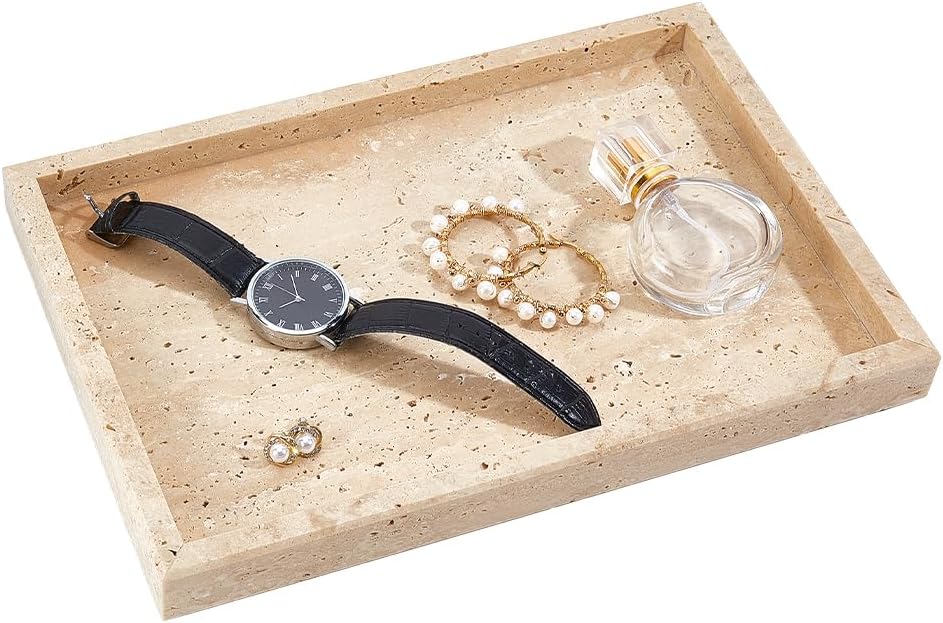 NBEADS 7.79x11.7 Inch Marble Serving Tray, Travertine Stone Tray Vanity Jewelry Organizer for Perfume Candle Holder Bathroom Countertop Coffee Table Decor, Rectangle, PapayaWhip