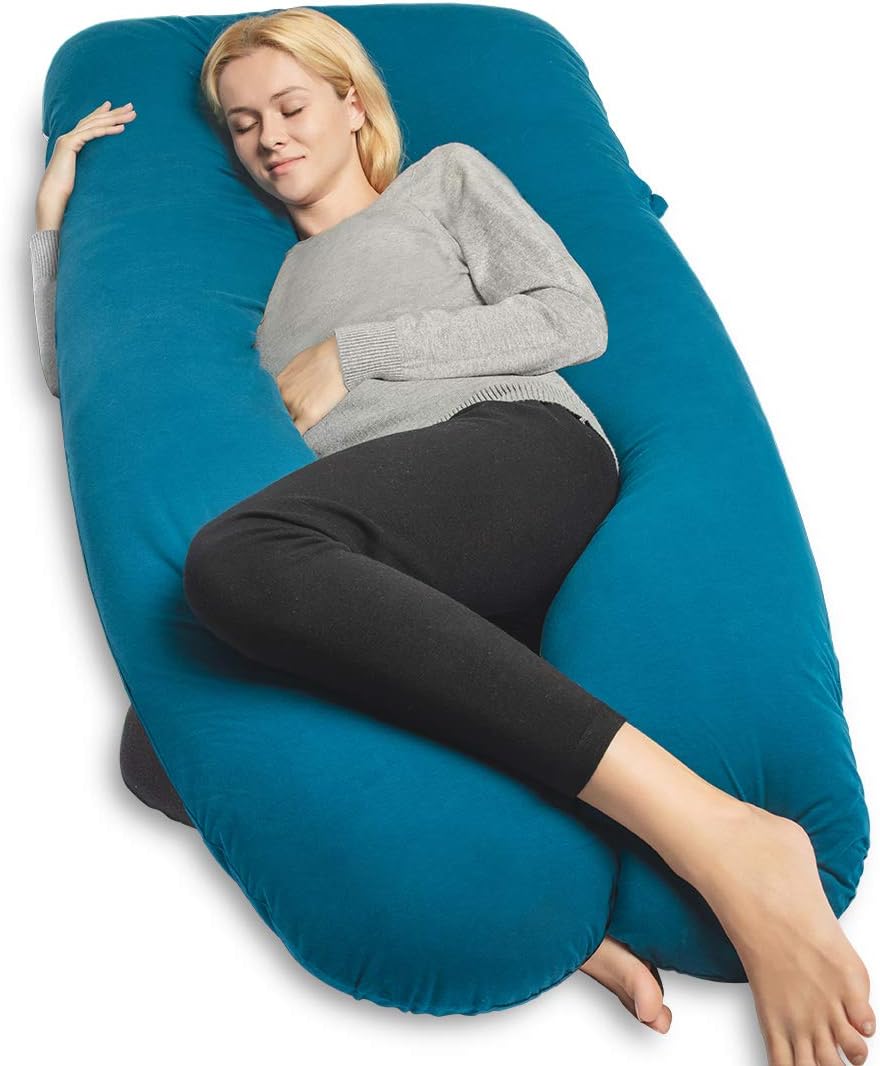 QUEEN ROSE Contoured U Shaped Pillow,Pregnancy Body Side Sleeping Pillow with Cooling Jersey Cover,Navy Blue