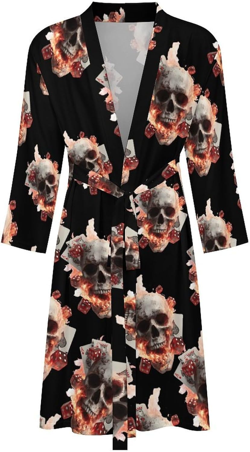 Skull Cards Deadly Game Casual Robes Bathrobe Knee Length V-neck Loungewear Sleepwear
