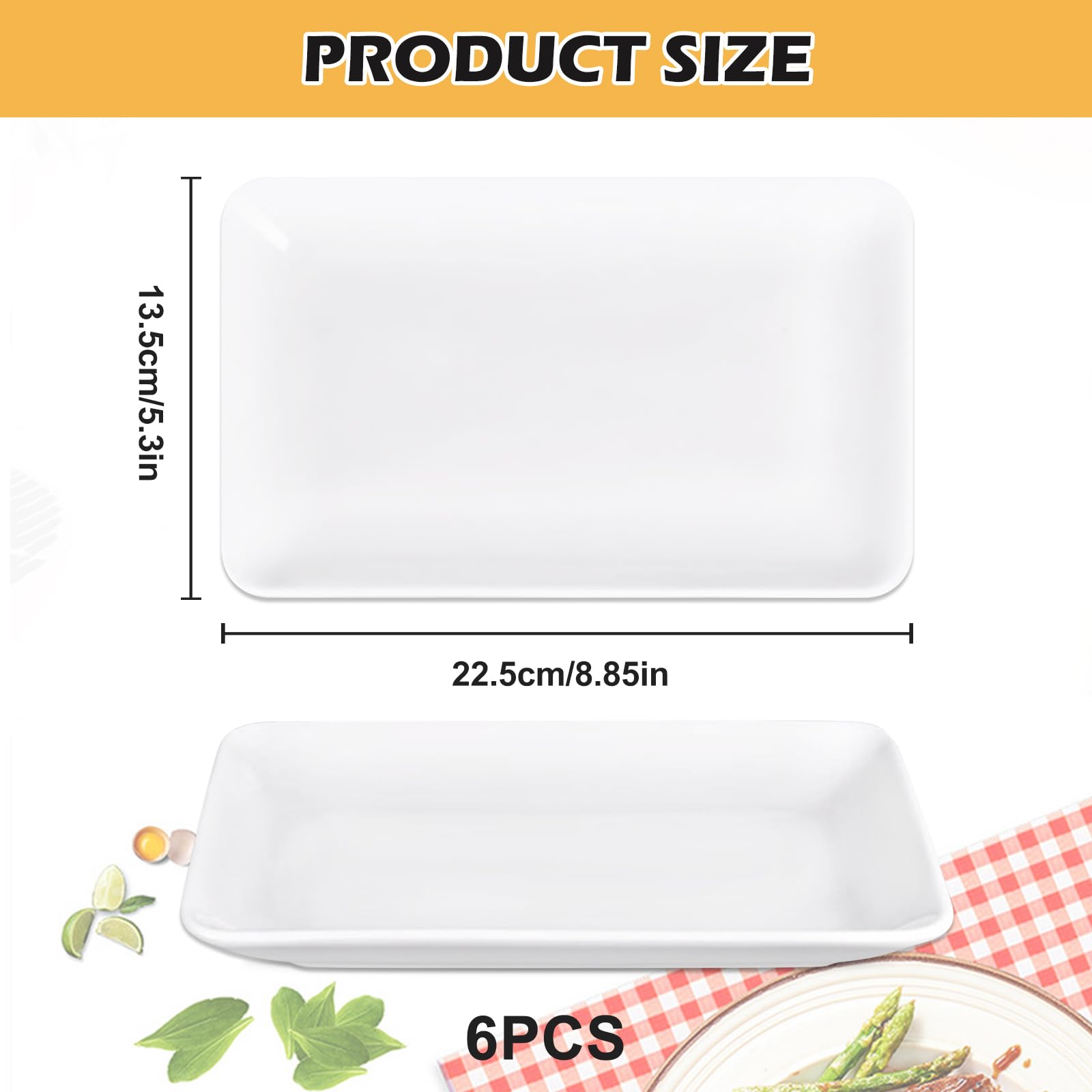 Juego de 6 Platos Rectangulares, 13.5 * 22.5cm Platos de Vajillas, Platos de Porcela para Buffets, Postres, Pasteles, Aperitivos y Entradas, Blanco