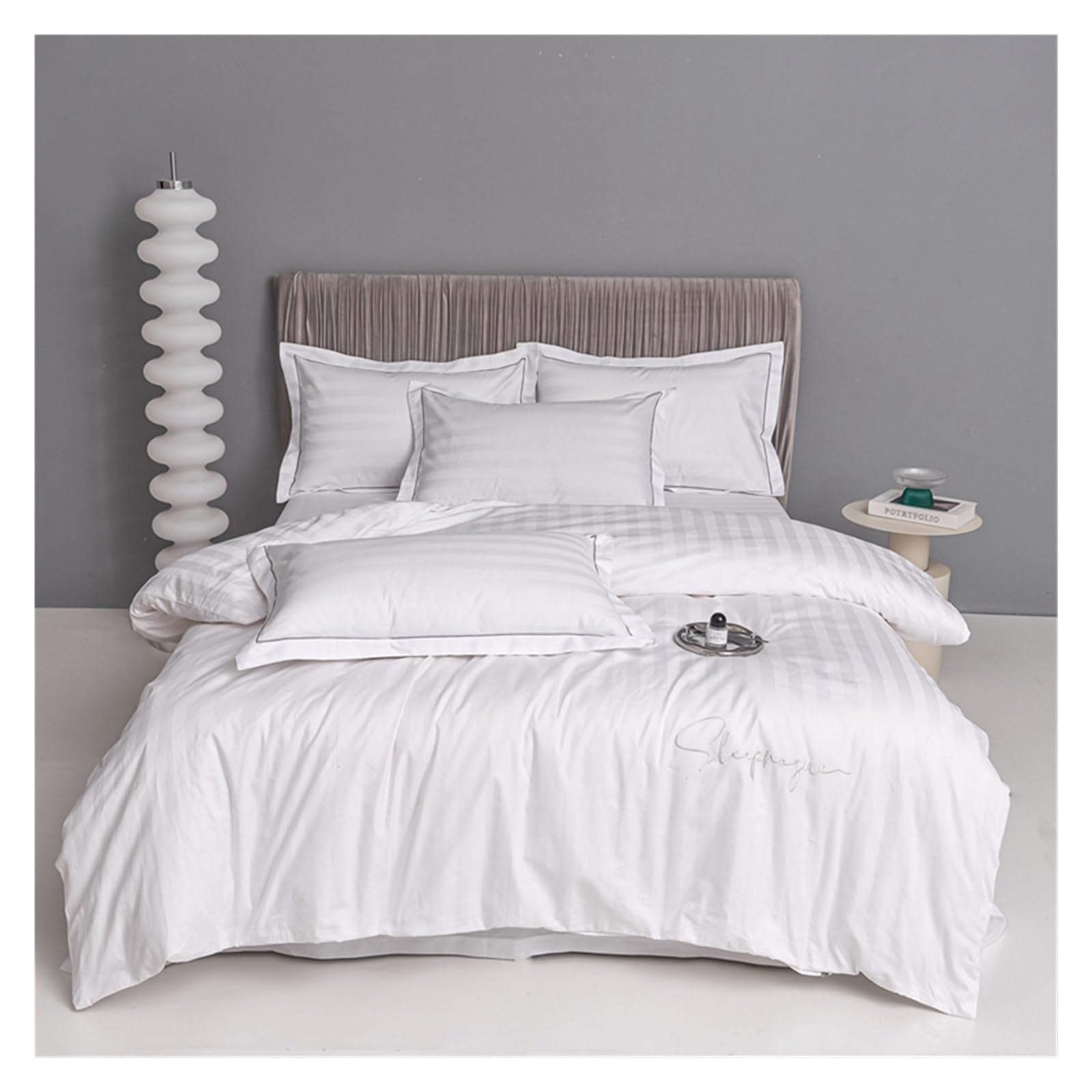 FYIYIEW double duvet set, Sliver Grey Stripes 100% Egyptian Cotton Jacquard Bedlinens Queen King Size Set