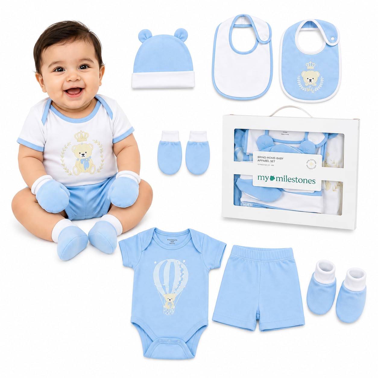 My Milestones 8 Pieces Half Sleeves New Born Baby Gift Set, Infant Gift Set, Clothing Set for Boys and Girls - 0-6 Months-image-18