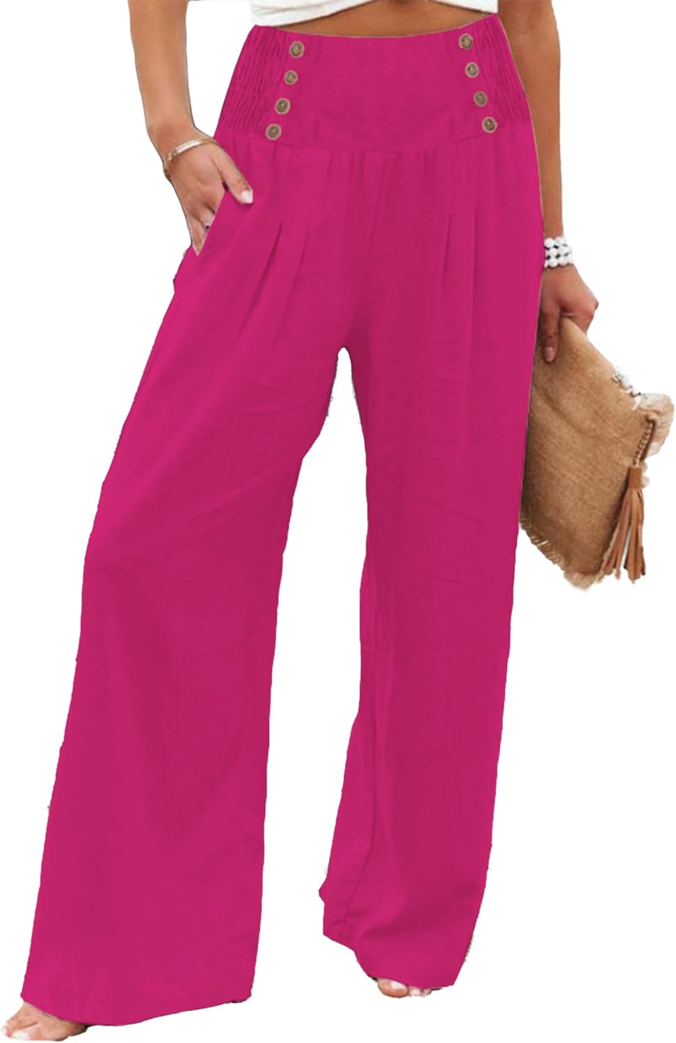 Bbkkuck Womens Casual Loose Fit Palazzo Pants Elastic High Waist Lounge Long Pajama Wide Leg Trousers with Pocket