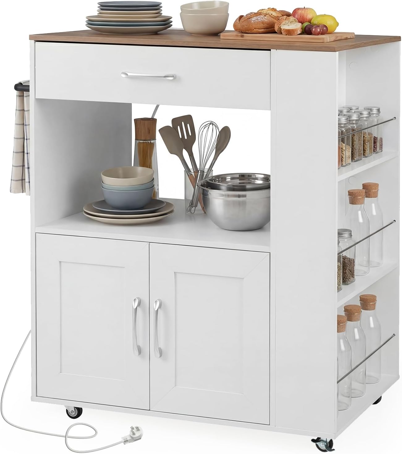 TANGZON Kitchen Storage Trolley on Wheels, Kitchen Island with Large Cabinet, Drawer, Open Shelf, 3 Spice Racks & Towel Rack, Wooden Countertop Utility Serving Cart (with Power Outlets, White+Natural)