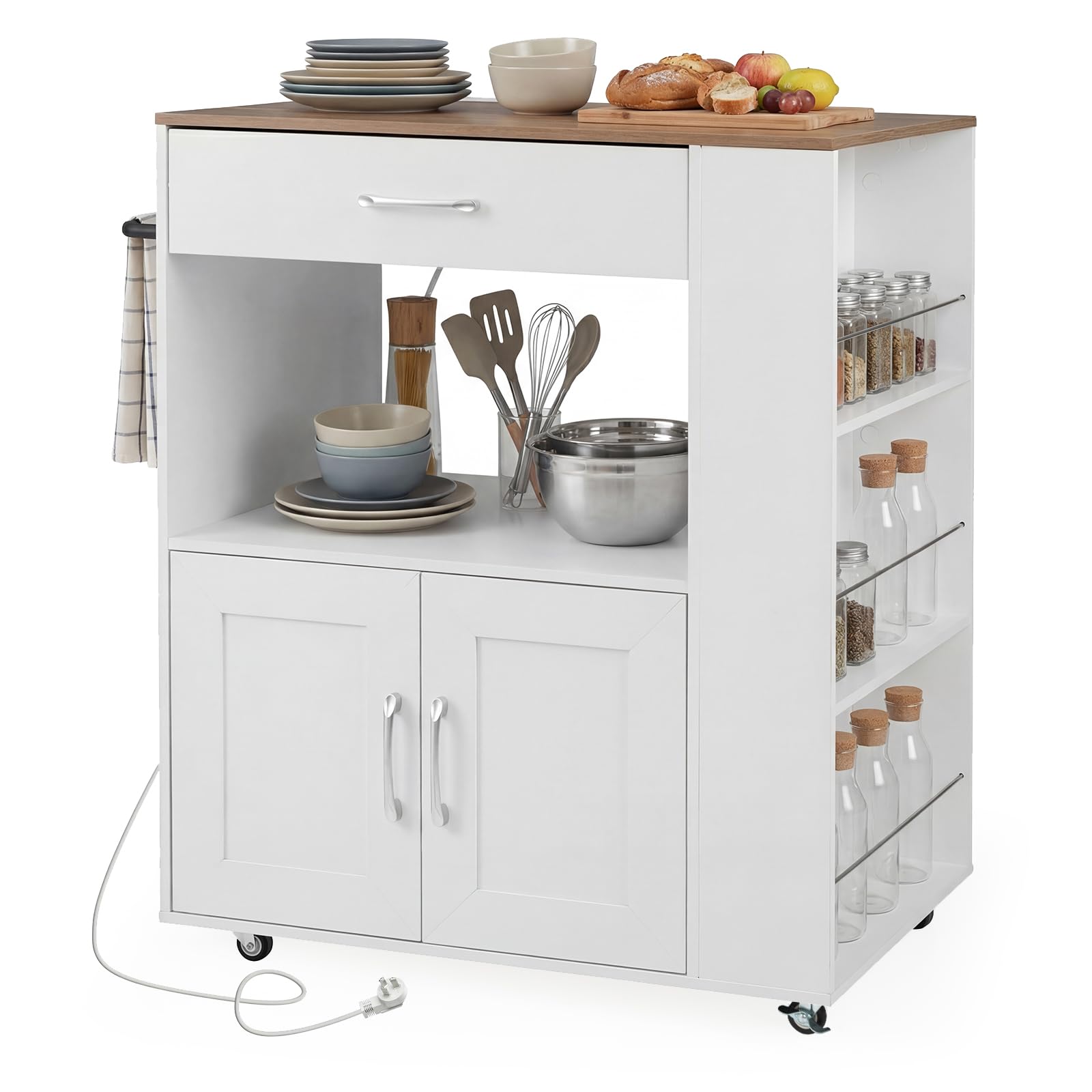 TANGZON Kitchen Storage Trolley on Wheels, Kitchen Island with Large Cabinet, Drawer, Open Shelf, 3 Spice Racks & Towel Rack, Wooden Countertop Utility Serving Cart (with Power Outlets, White+Natural)