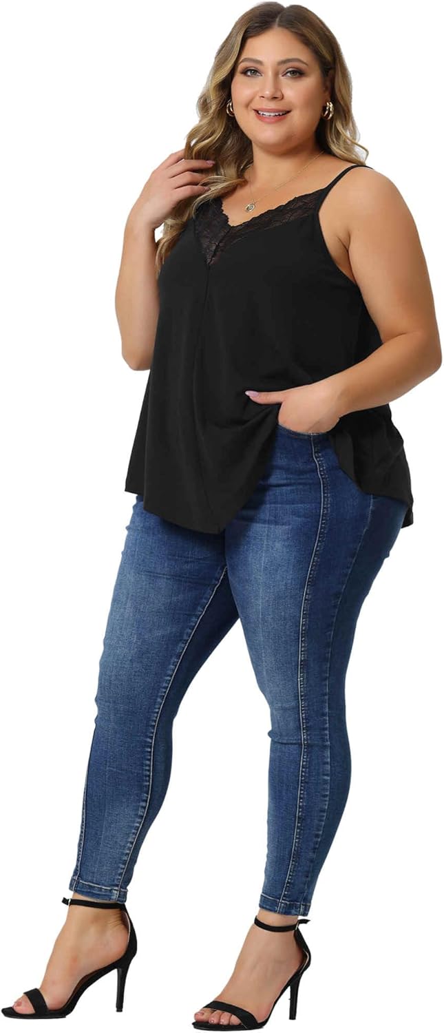 Agnes Orinda Plus Size Cami Tank for Women V-Neck Lace Front Camisole Spaghetti Strap Sleeveless Top - Image 3