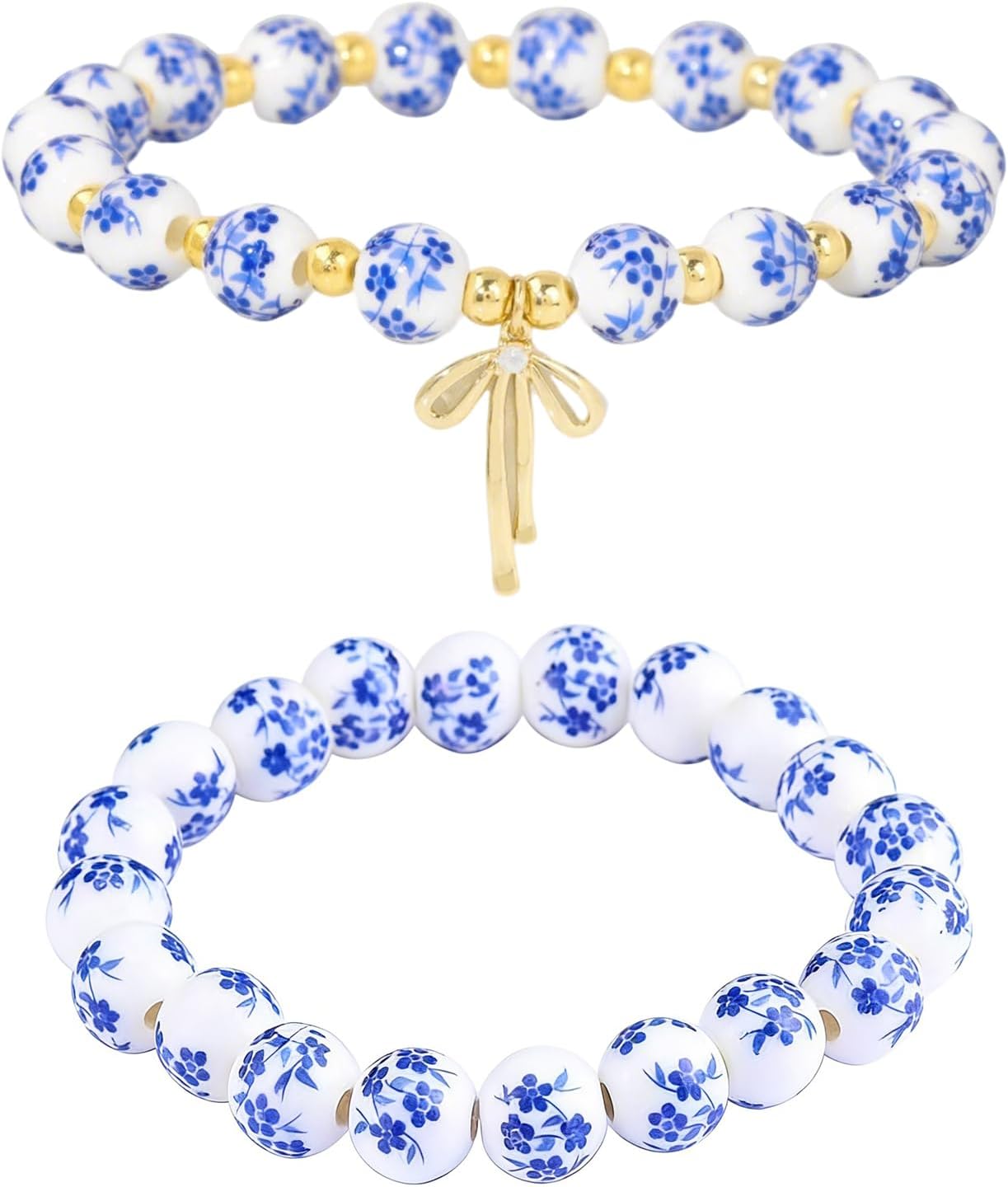 WCRAZYE 2PCS Porcelain Beads Bracelet for Women Handmade Vintage Blue And White Ceramics Wrist Bracelet Romantic Mothers Day Jewelry Gifts