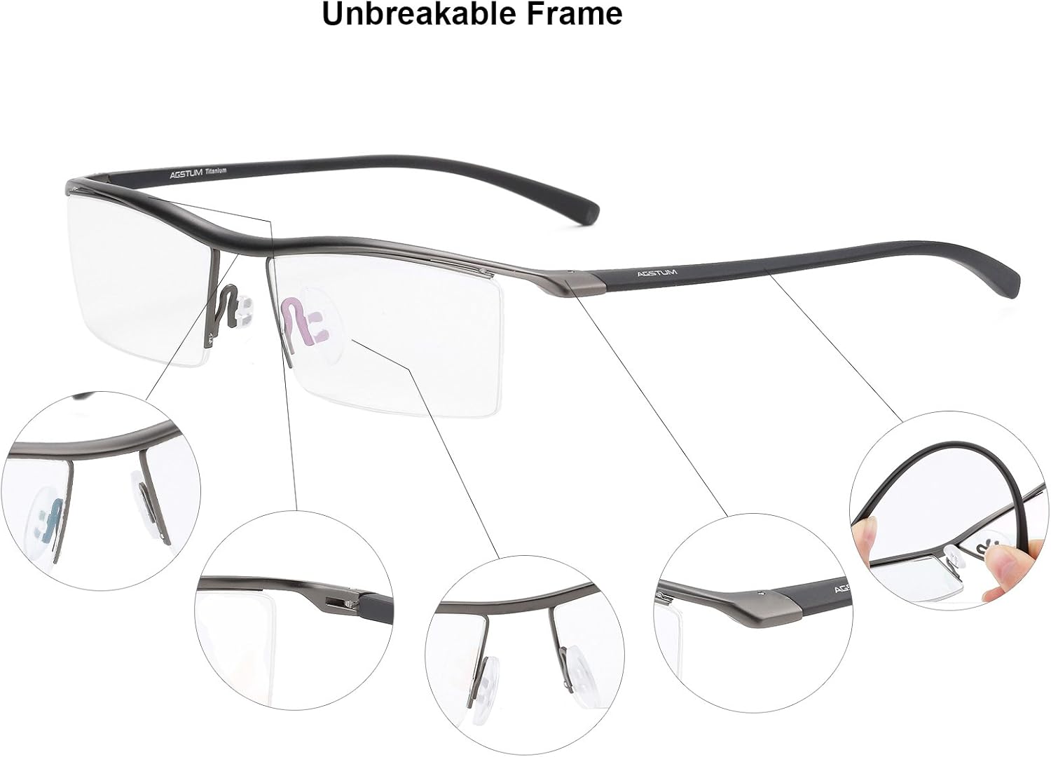 Agstum Pure Titanium Half Rimless Business Glasses Frame Eyeglasses Clear Lens