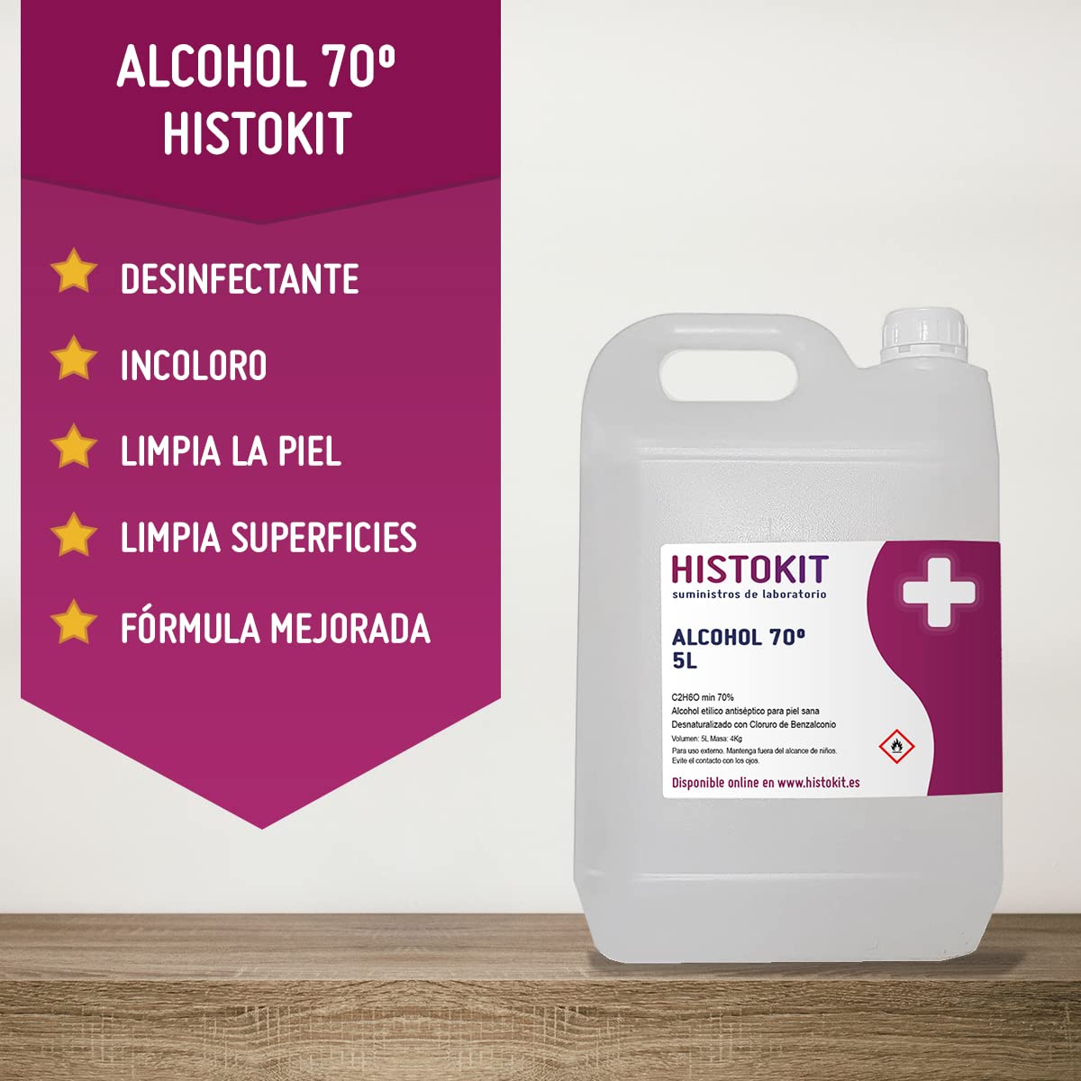 Alcohol etílico 70° antiséptico HISTOKIT 5 Litros. Etanol con benzalconio. Desinfección de piel sana y Limpieza desuperficies.