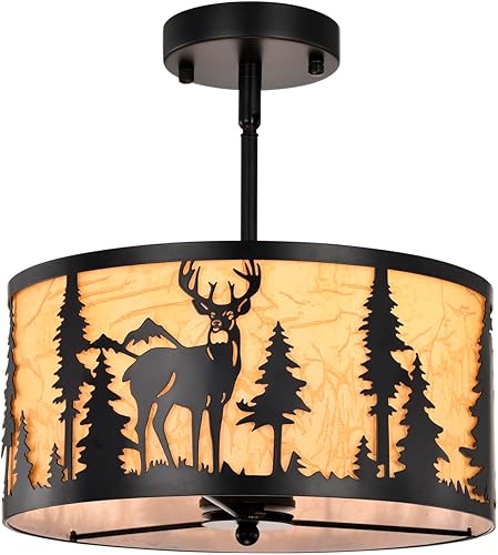 Lámpara de techo rústica semiempotrada, lámpara de metal pergamino de granja con diseño de oso de ciervo, 3 luces industriales negras para comedor,