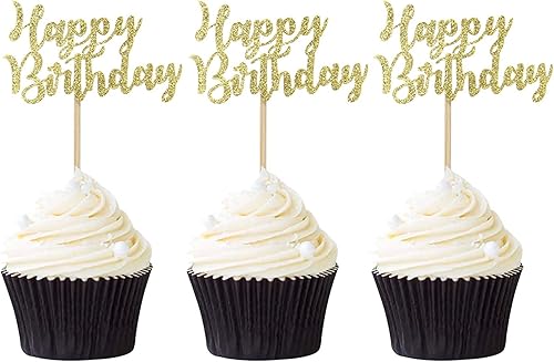 Paquete de 24 adornos dorados para cupcakes de cumpleaños, para fiestas, tartas