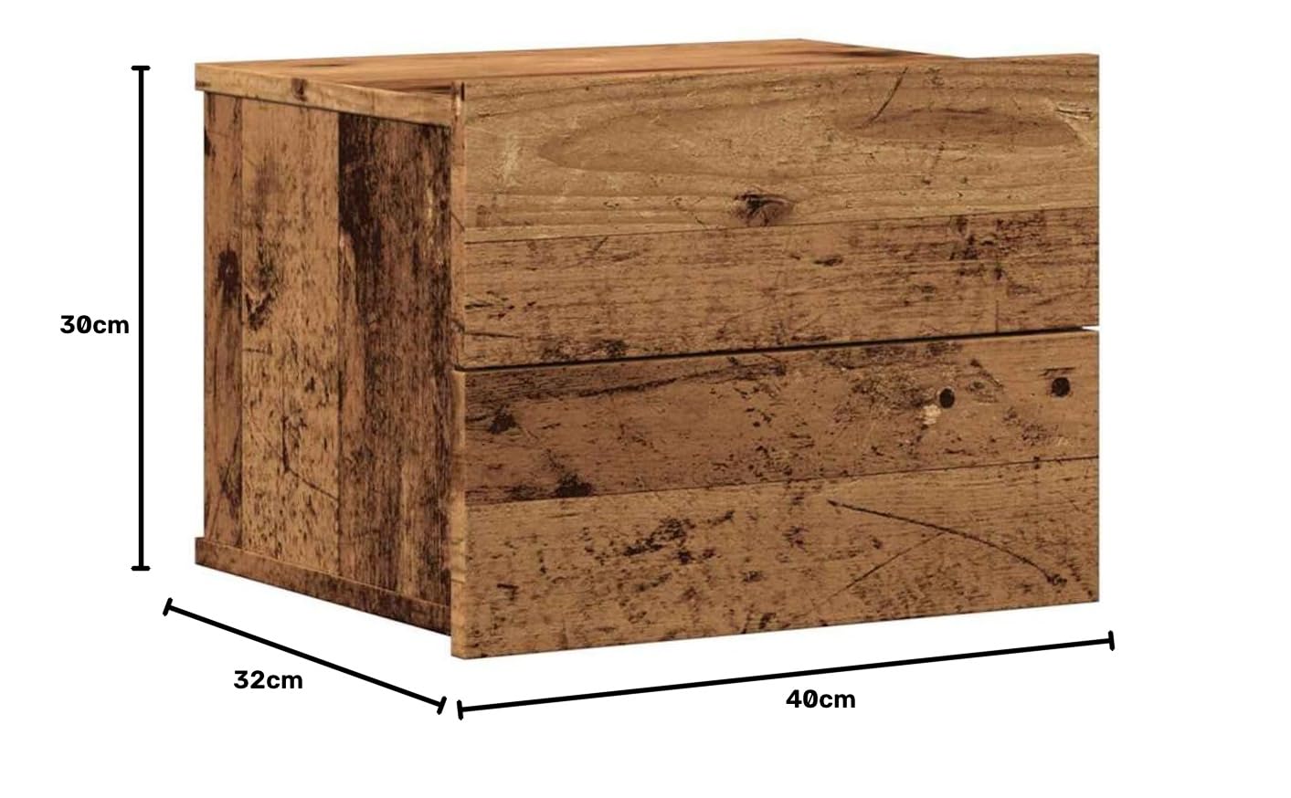 Wisząca szafka nocna na ścianę, stare drewno 40x32x30 cm, mebel wiszący z dużą przestrzenią do przechowywania książek i akcesoriów, solidny blat odporny na wilgoć, łatwy w