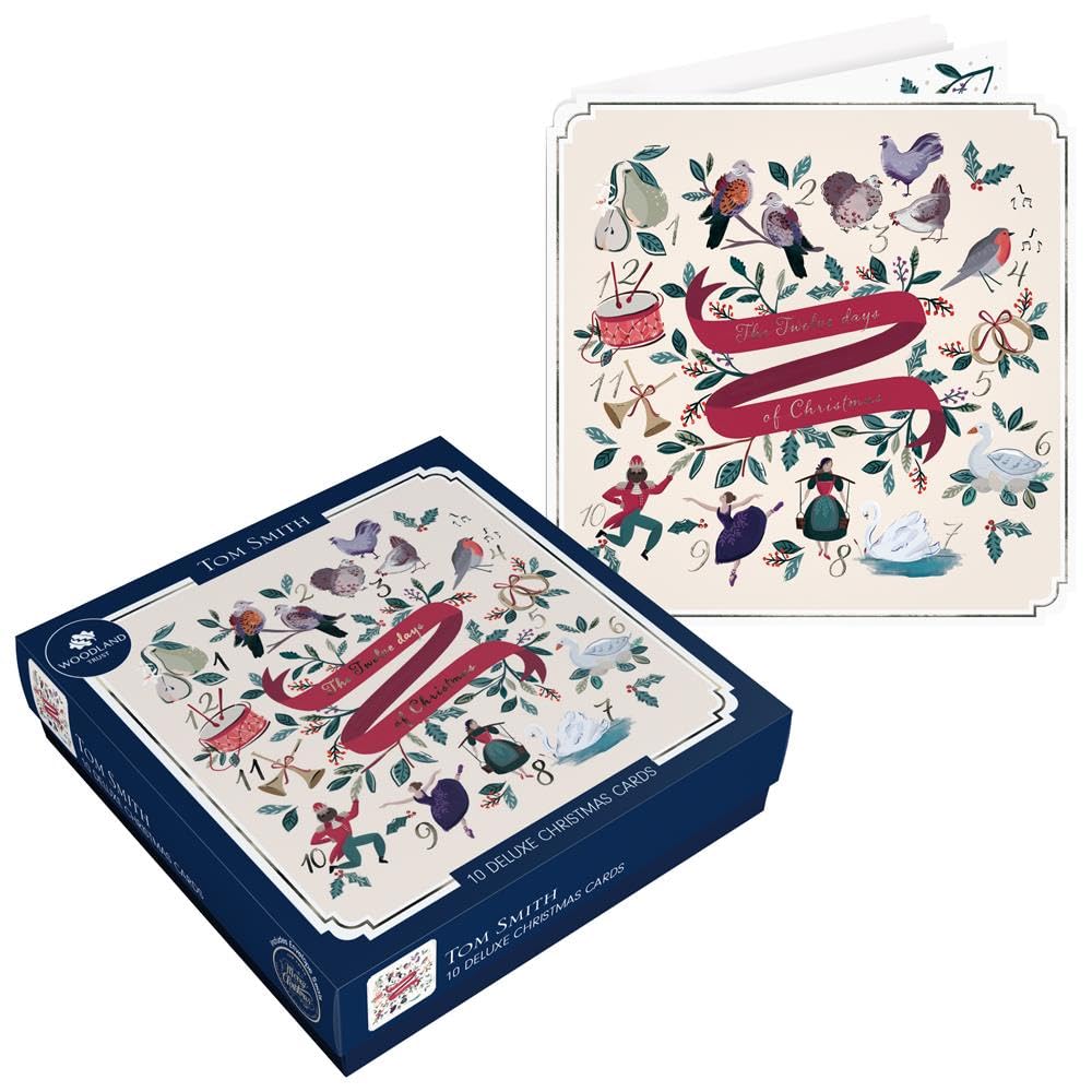 Tom Smith Deluxe Christmas Cards Pack - 10 Luxury Xmas Cards & Metallic Envelopes - Seasonal Twelve Days of Christmas Designs - Recycled Eco Friendly Square Christmas Card Set