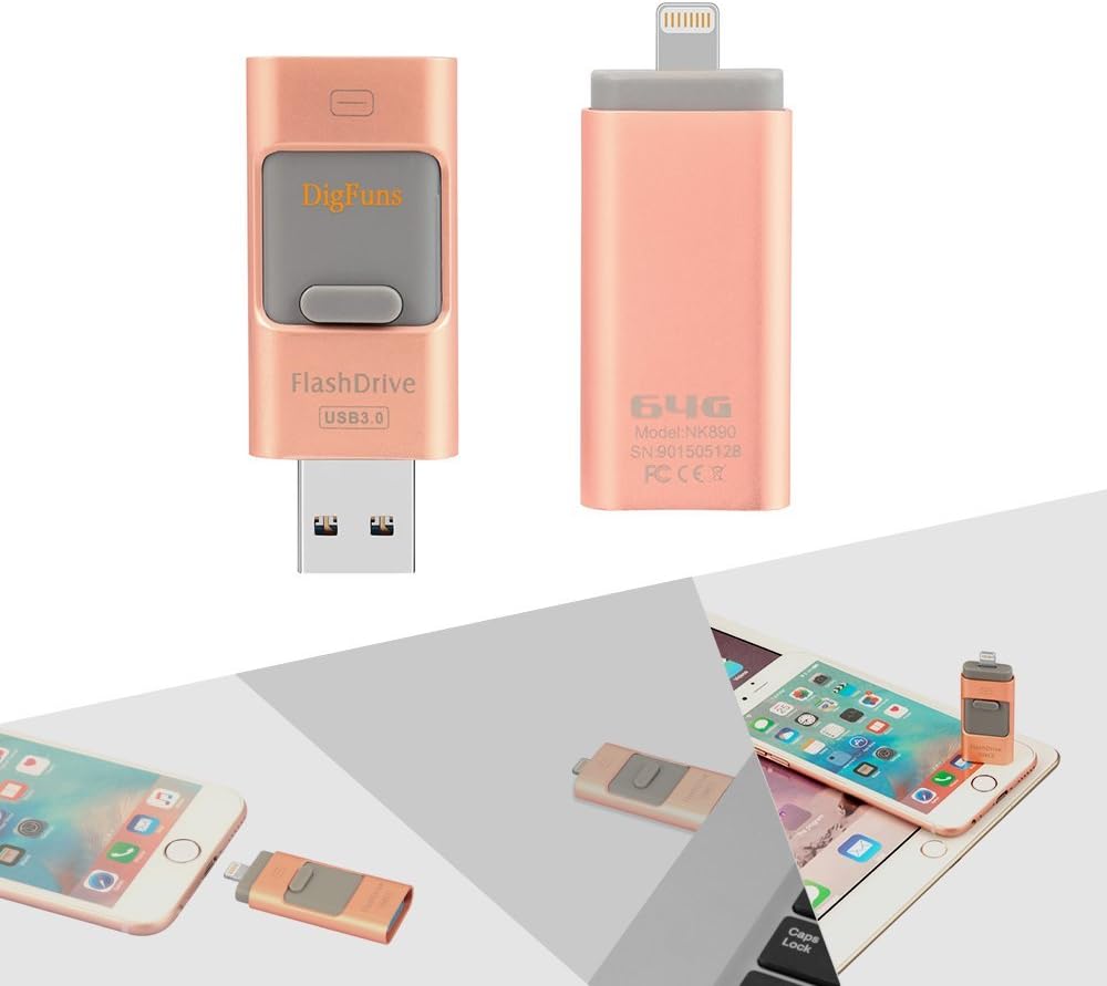 iPhone Flash Drive 64GB, Digfuns iFlashDevice USB 3.0 & Lightning Dual Connector External Storage Memory Expansion Compatible for iPhone 5/5S/iPhone 6/6S/Plus/iPad /Mac/iPod Memory Built-in Rose Gold