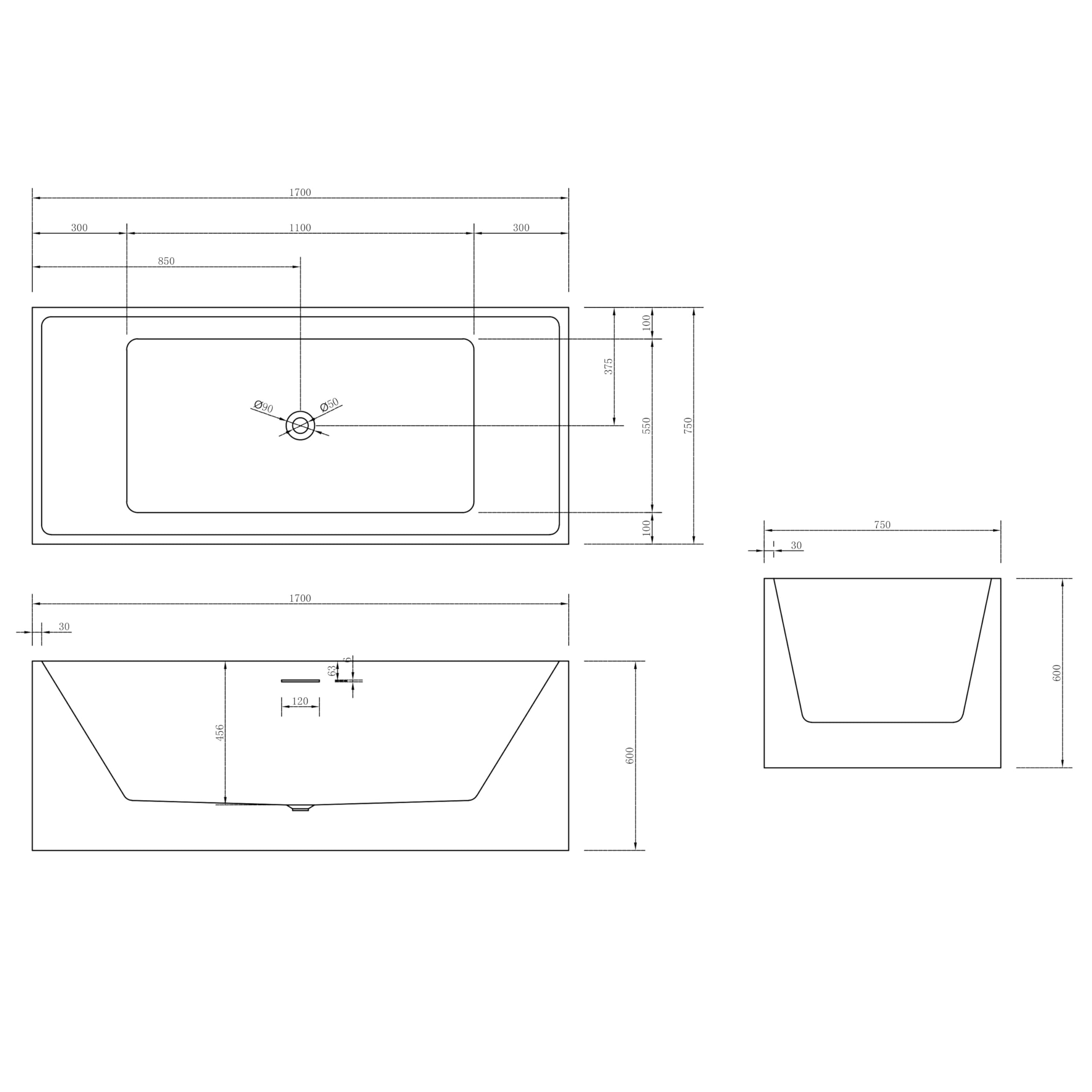 Vasca freestanding NADI - Acrilico sanitario - 170 x 75 x 60 cm