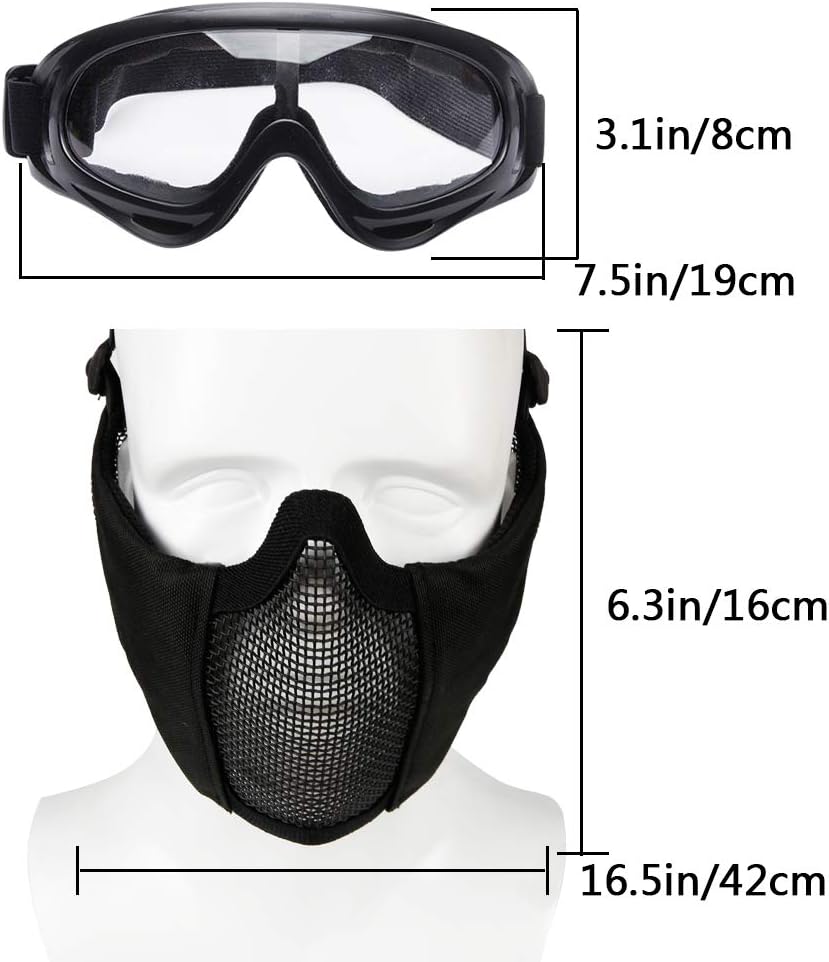 Airsoft Mask with Goggles, Foldable Half Face Airsoft Mesh Mask with Ear Protection for Paintball Shooting Cosplay CS Game (Black) : Sports & Outdoors