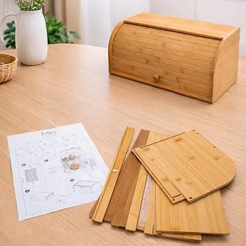 Doğal Bambu DEMONTE Ekmeklik, Ekmek Kutusu, Kayar Kapaklı, Geniş Hacimli, 38 x 23 x 19 cm