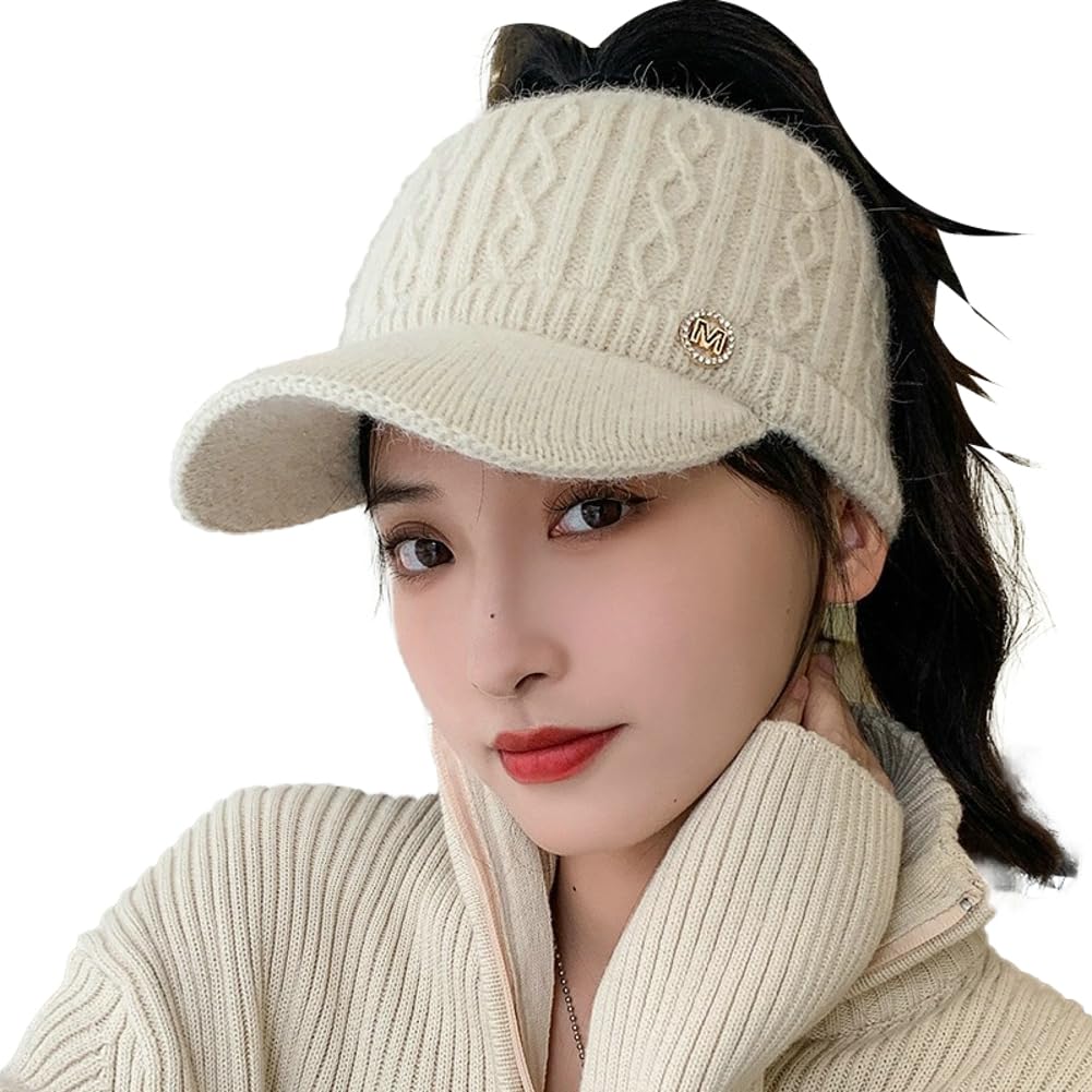Photo 1 of Epsion Knit Beanie Hat for Women High Bun Ponytail Skull Cap Stretch Winter Chunky Warm Visor Brim Crochet Hats Beige
