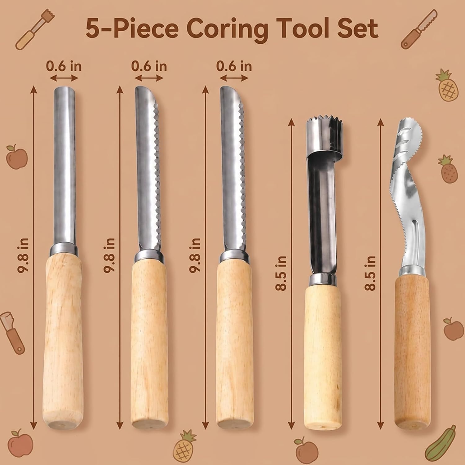 5PCS Fruit and Vegetable Coring Set for Kitchen Use, Zucchini Corer, Apple Corer and Vegetable Corer, Efficient Pineapple Corer with Ergonomic Handles, Durable Kitchen Tools for Daily Cooking Tasks