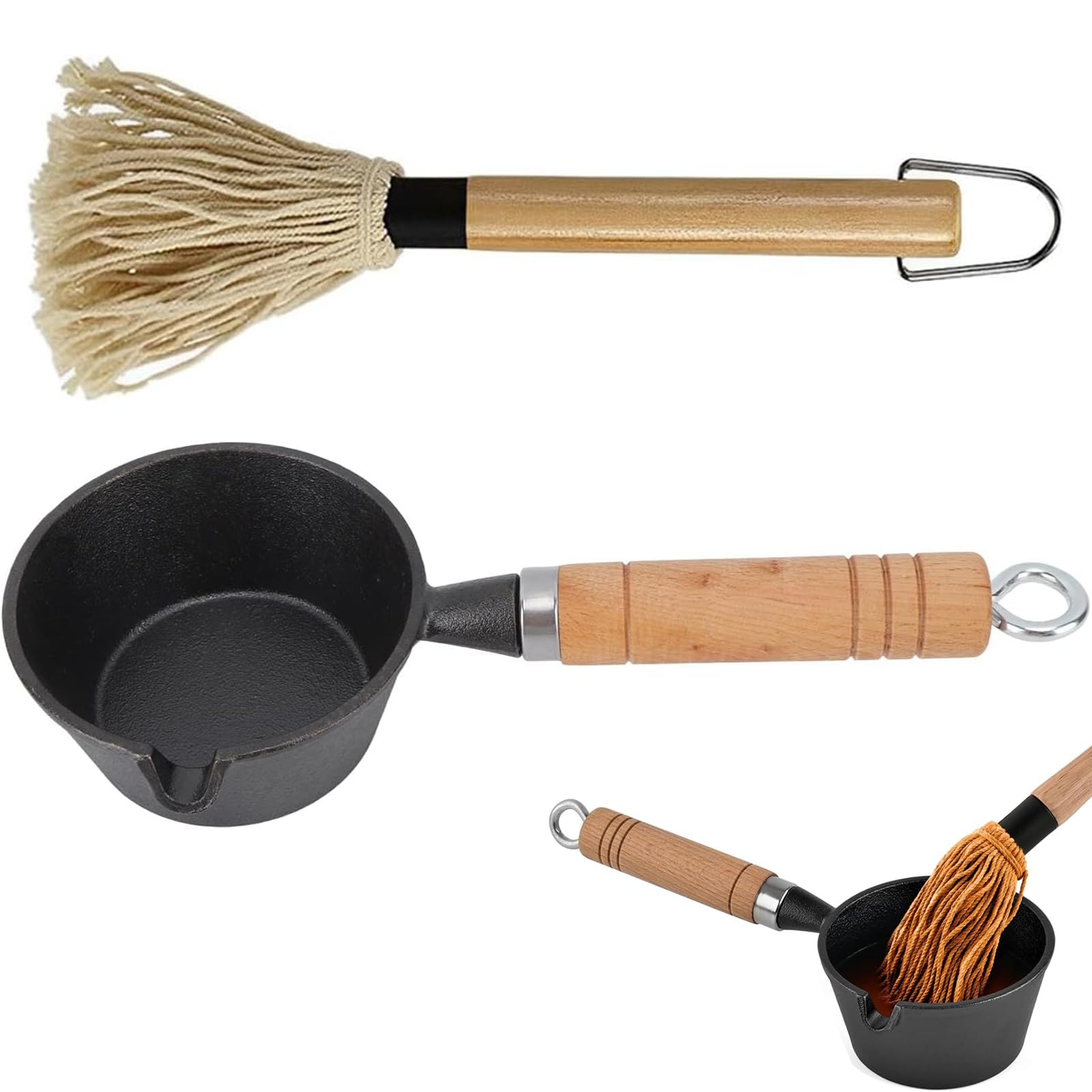 Cast Iron Sauce Pot and BBQ Mop Brush Set with Saucepan and Brush Meat Smoker Accessories, Mini Sauce Pot Cast Iron Saucepan and BBQ Mop Brush for Grilling Gift Men