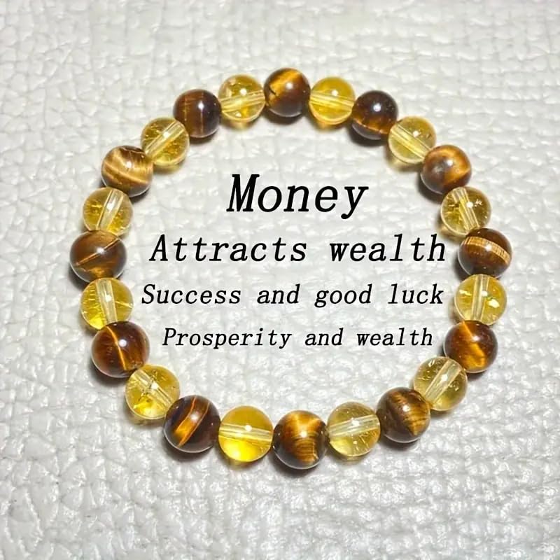 Image of Natural Tiger Eye and Citrine Crystal Beaded Bracelet, 8mm Gemstone Beads, Brown and Yellow