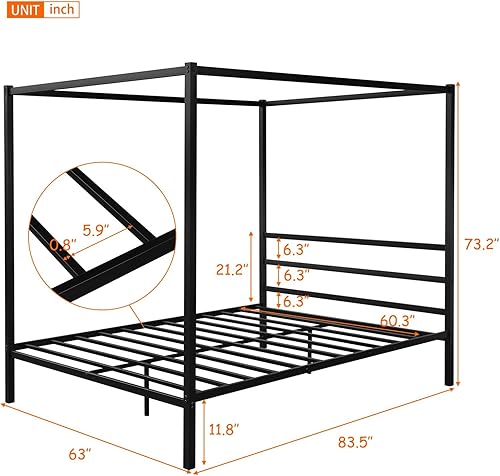 Miniatura 2 de TMEOSK Queen Size 4-Post Metal Canopy Bed Frame with Classic Retro Style Headboard and Sturdy Steel Support for Boys Girls Teens Adults