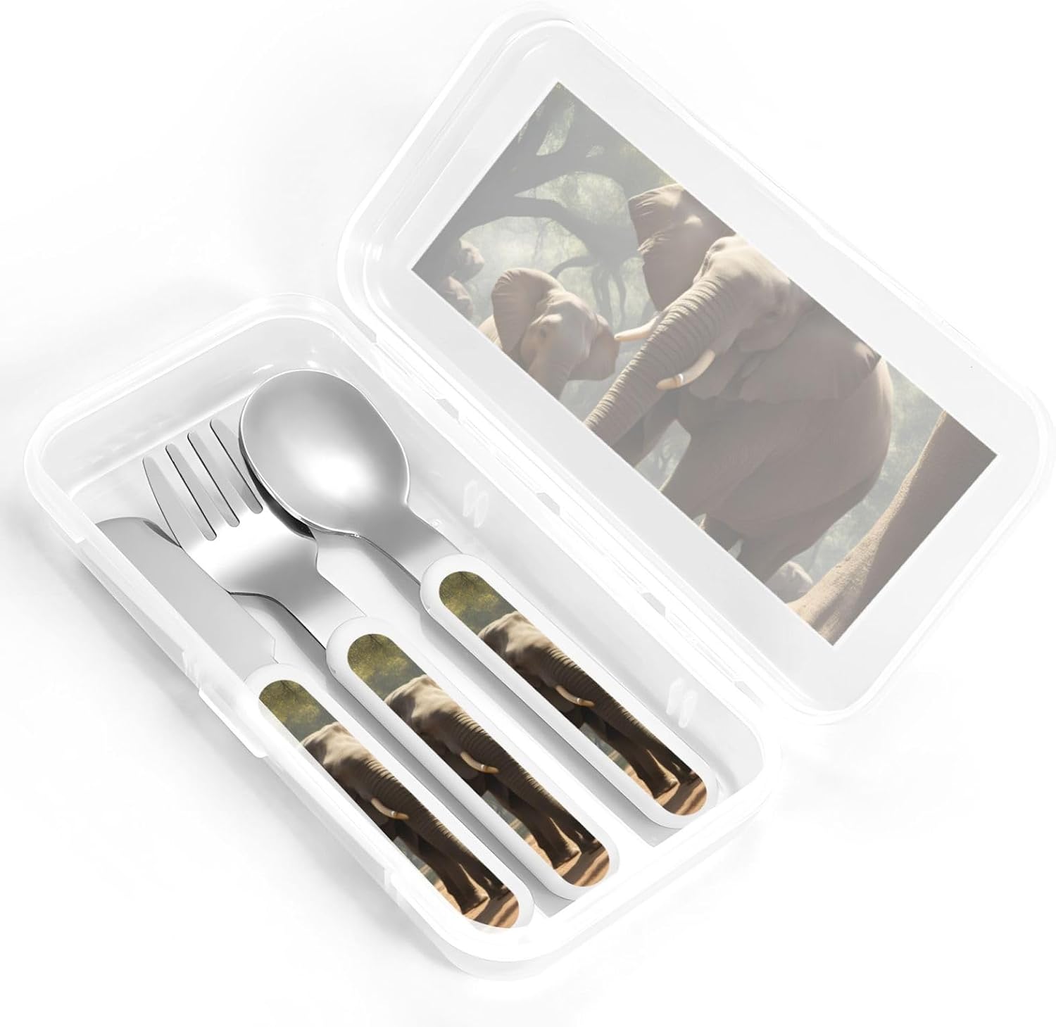 Elephant Print Stainless Knife Spoon Fork 3-Piece Set,Flatware Cutlery Set With Storage Case