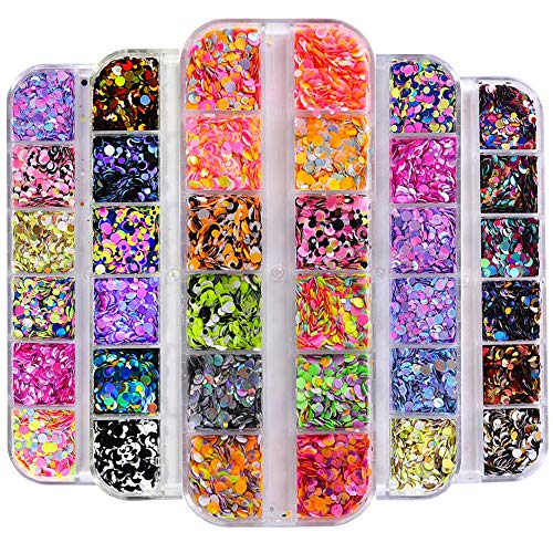 5 Box/60 Grids Nail Sequins, Kalolary Nail Art Flake Nail Glitter Paillette Mixed Round Thin Shining, 3D Nail Art Stickers for Halloween/Christmas Nail Decoration DIY Make Up