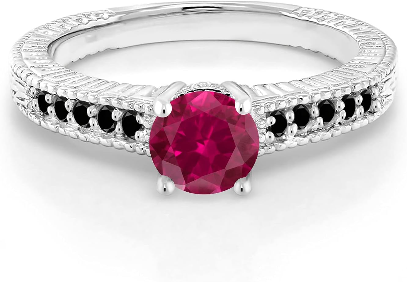 Gem Stone King 925 Sterling Silver Red Created Ruby and Black Diamond Women Engagement Ring (1.17 Ct Round)