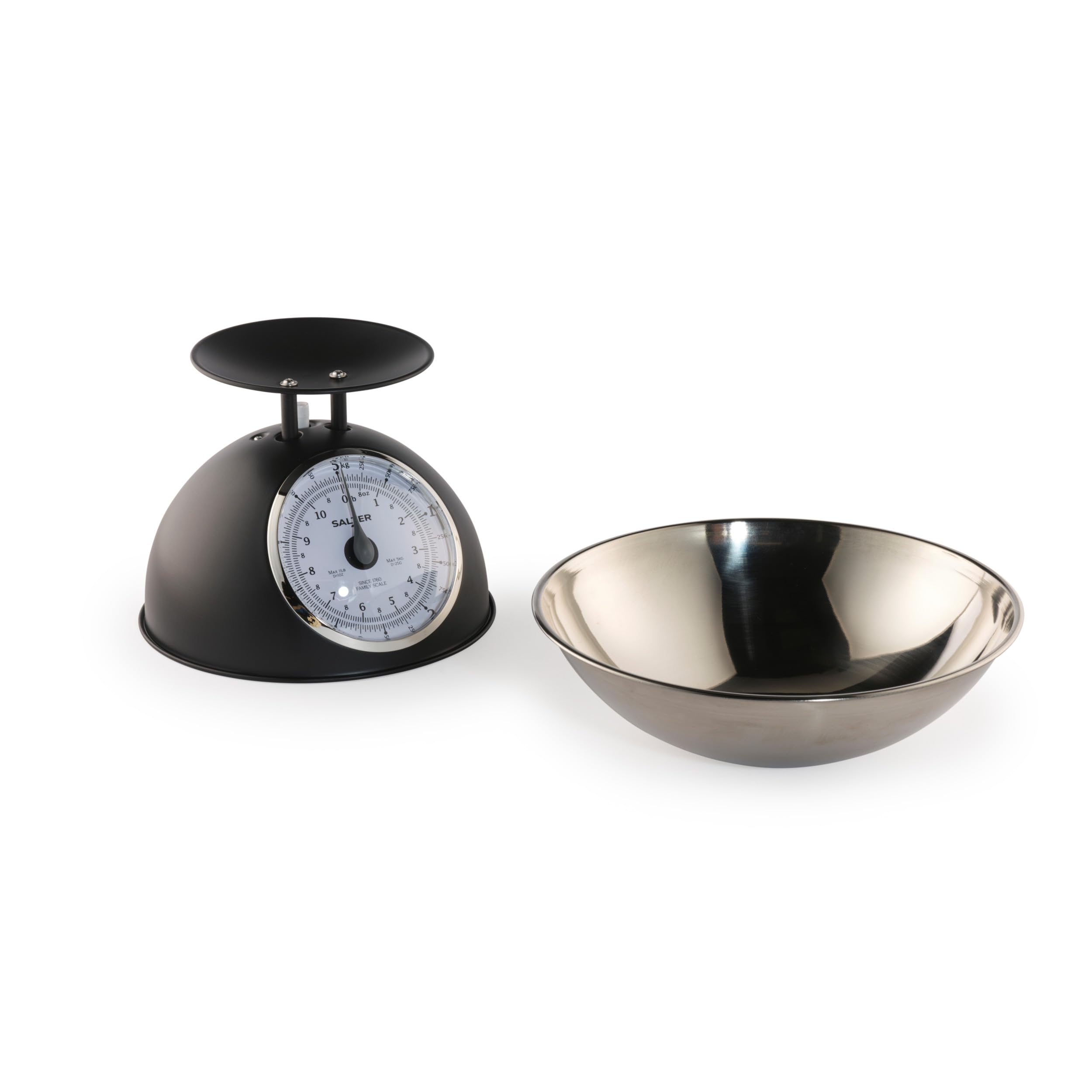 Salter Timeless Bilancia da Cucina Meccanica 5kg, Ciotola Lavabile da 2L, Senza Batterie, Nero