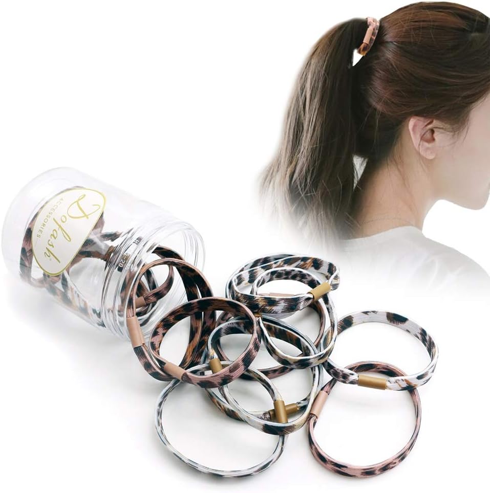 Dofash 16pcs Hyper elastic hair ties ponytail holders with printed effect 7.5mm x5.5''clear plastic jar（ Pink+white）