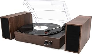 LP&No.1 Record Player with Stereo Bookshelf Speakers, Vintage 3-Speed Belt Drive Turntable, Wireless Input, RCA Output, Auto Stop Function | Walnut Wood