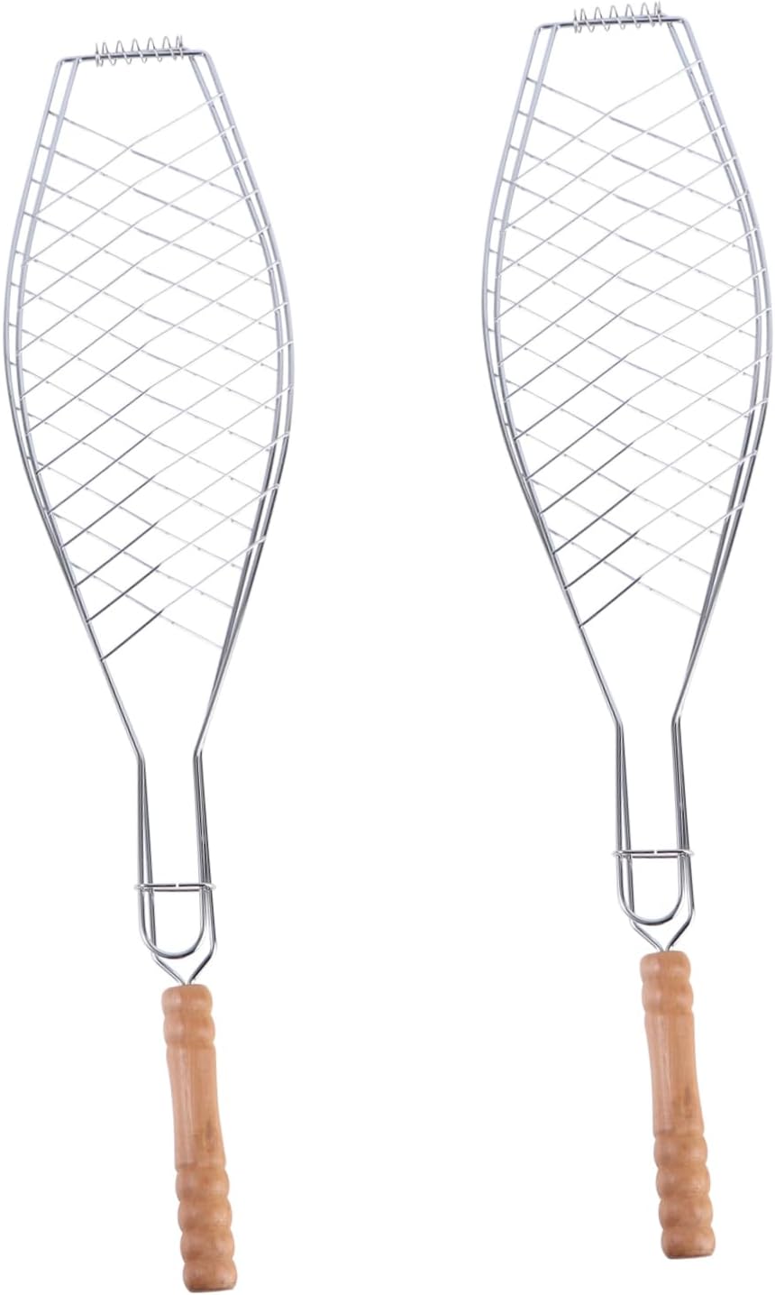 BESTonZON 2Pcs Metal Non Stick Fish Barbecue Basket with Wooden Handle for Outdoor Grilling Camping Picnics Reduces Sticking for Bbq Lovers