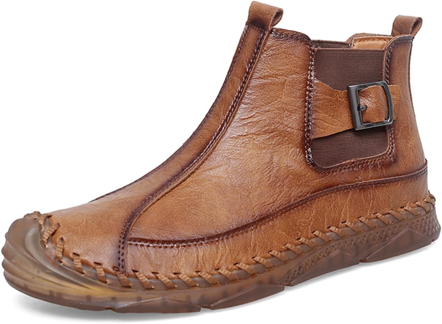Men's Hand Stitched Leather Chelsea Boots Slip On High Top Round Top Comfortable Lightweight Casual Ankle Boots with Soft Non-Slip Sole Breathable for Walking Driving Work Commute Outings