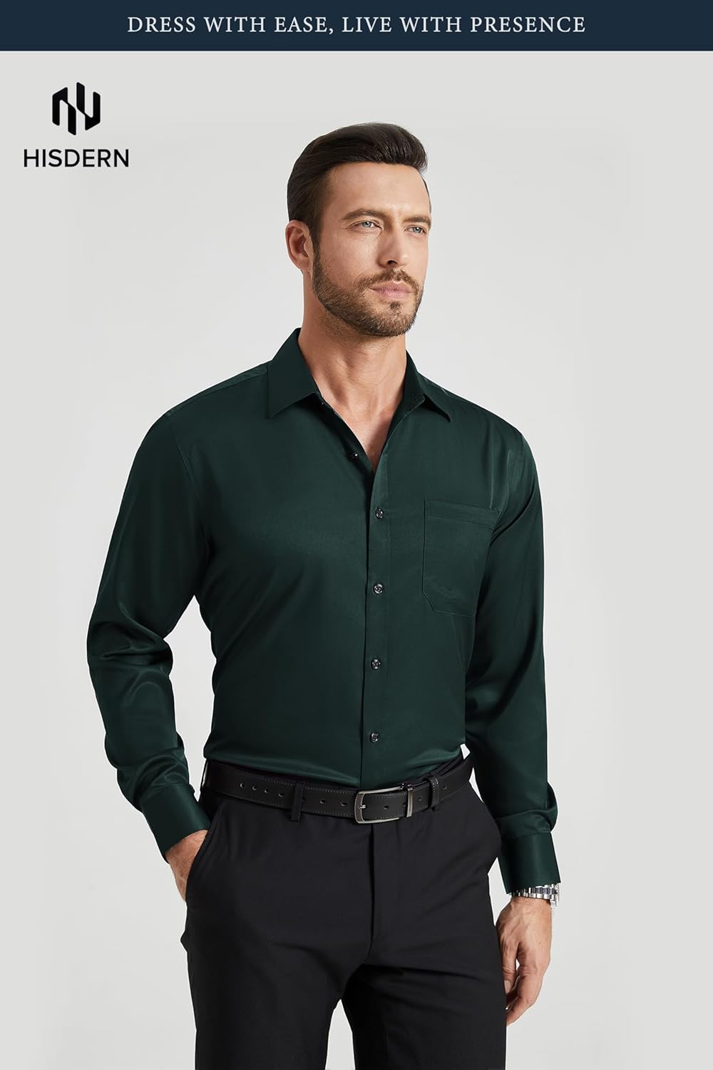 HISDERN 305 Men's Dress Shirt Wrinkle-Free 4-Way Stretch Quick Drying Breathable Long Sleeve Business Formal Shirts - Image 3