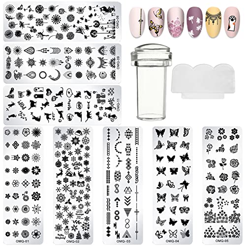 SPOKKI 10 Stück Set French Nail Art Plates Stamping Stempel Nail Art Stamper Kit Nail Template Schablone Nail Stamp und Nagelschaber Kit für Stamping French Nails DIY Maniküre