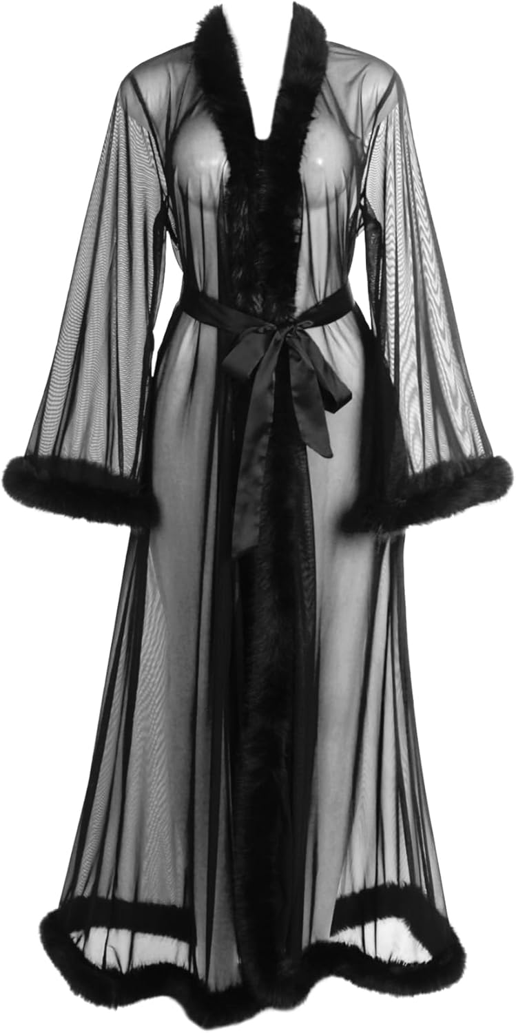 ohyeah Women Feather Bridal Robe for Wedding Plus Size Lingerie Robe with Fur Nightgown Bathrobe Tulle Maternity Dress - Image 7