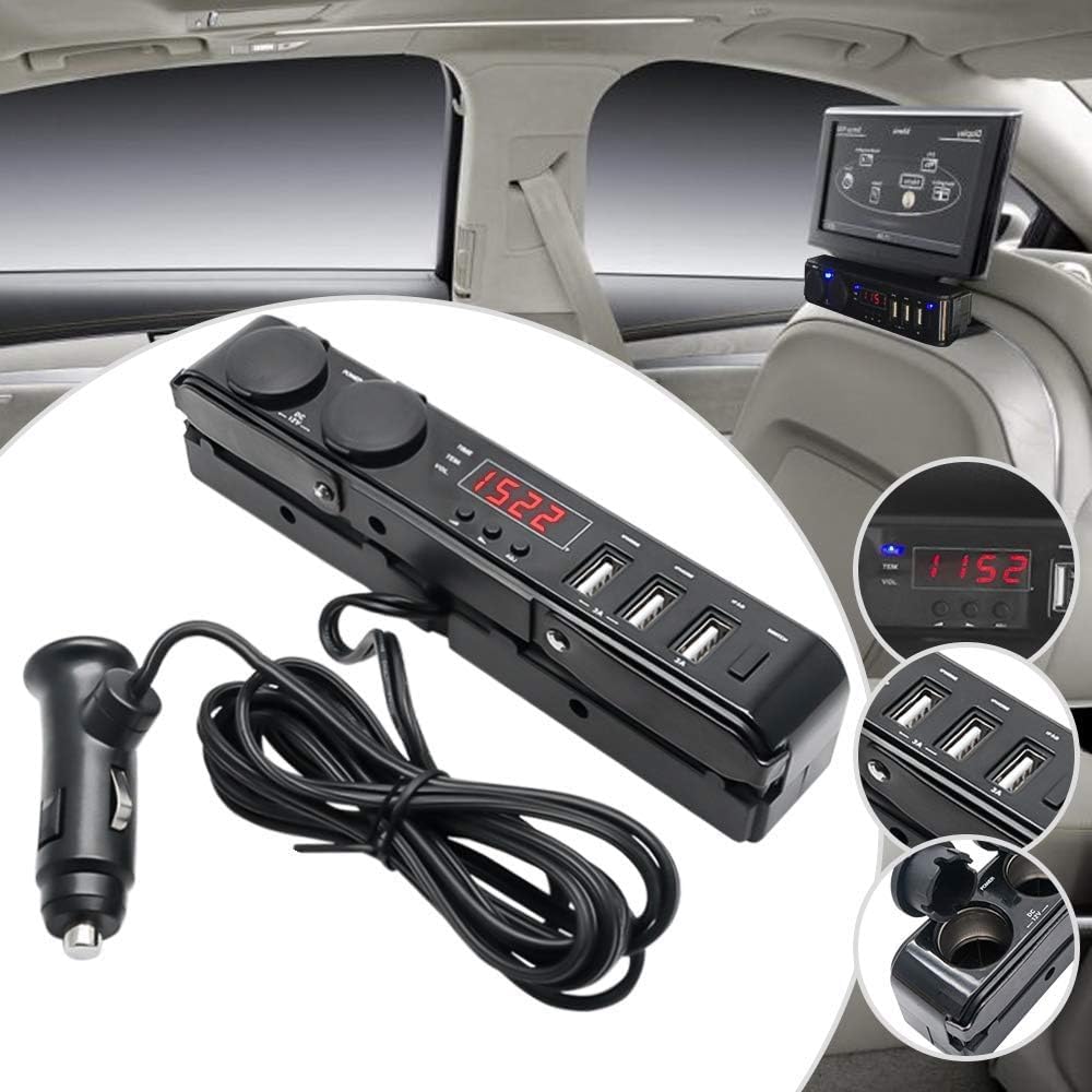 Adaptateur allume-cigare à 3 prises avec voltmètre, adaptateur de chargeur USB, répartiteur multiprise 3 A, 12 V – 24 V, thermomètre LCD pour siège arrière de voiture, tableau de bord