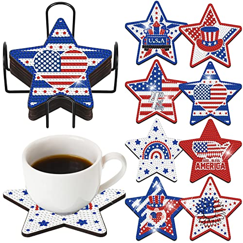 Purpeak 8 Pcs 4th of July Diamond Painting Coasters Patriotic Independence Day Diamond Art Coasters 250th Anniversary DIY Painting Kits for USA Craft American Art Table Home Decor Gift Supplies