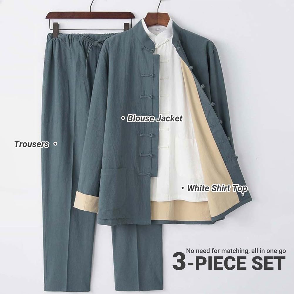 Completo da Uomo in Cotone E Lino per Kung Fu, Completo da 3 Pezzi per Abito Tang, Completo da Meditazione per Arti Marziali, Abbigliamento Tradizionale Cinese